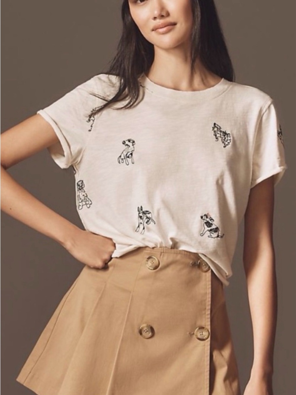 Maeve Anthropologie Short Sleeve Caitlyn Boxy Tee with Black Dog Embroidery NWT